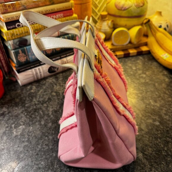 Authentic Kate Spade Pink & White Canvas Leather Tote – Lady in Pink Shoulder Ba - Picture 4 of 5